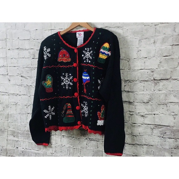 NUT CRACKER UGLY CHRISTMAS MITTENS HATS BLING ELEGANT Holiday SWEATER SZ L - Picture 2 of 12